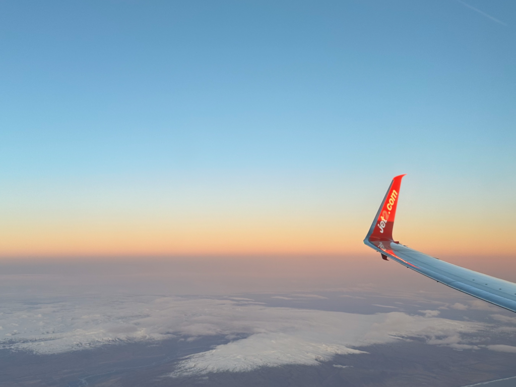 Sunset views from the sky while on a Jet2.com flight for a Reykjavik city break