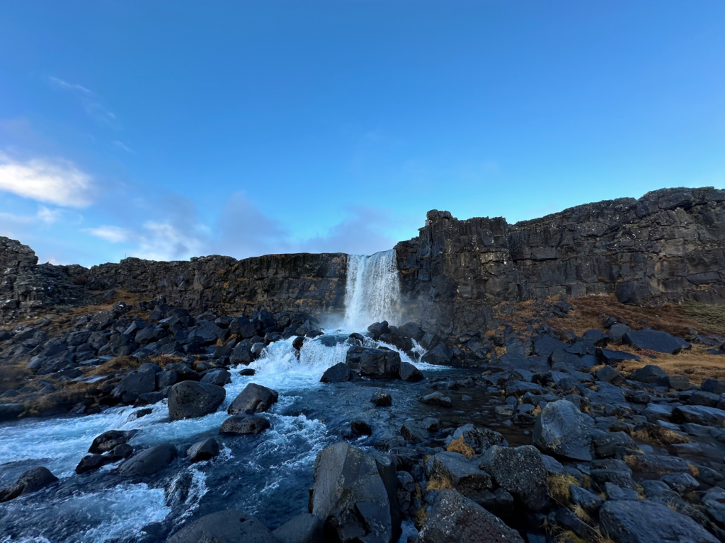 The Oxararfoss waterfall in Thingvellir National Park on the Golden Circle